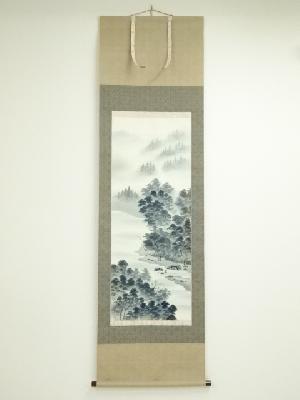 彩雨筆　水墨山水　渓流釣夫　肉筆絹本掛軸（共箱）